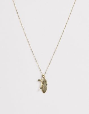 Icon Brand neck chain with cross and feather pendants in gold