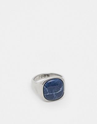 Icon stainless steel signet ring with blue marbled stone in silver
