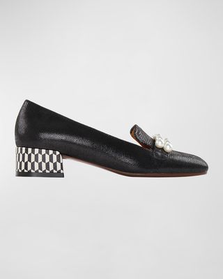 Idako Mixed Leather Pearly-Strap Loafers
