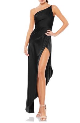 Ieena for Mac Duggal Asymmetric One-Shoulder Satin Gown in Black