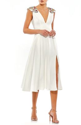 Ieena for Mac Duggal Beaded Cap Sleeve Cocktail Dress in White Multi