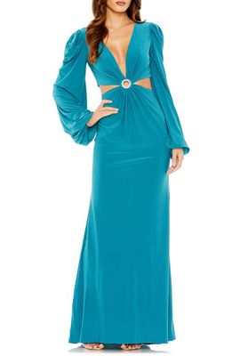 Ieena for Mac Duggal Cutout Long Sleeve Jersey Column Gown in Ocean Blue