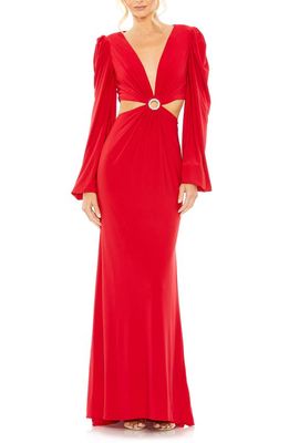 Ieena for Mac Duggal Cutout Long Sleeve Jersey Column Gown in Red 