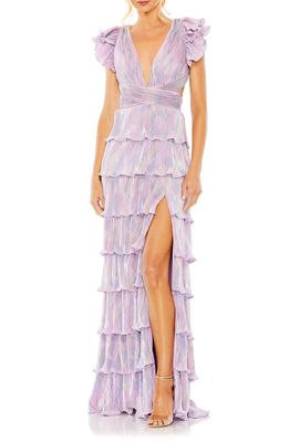 Ieena for Mac Duggal Cutout Ruffle Tiered Gown in Purple Multi