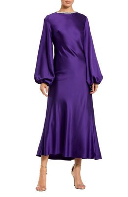 Ieena for Mac Duggal Embellished Neck Long Sleeve Satin Cocktail Dress in Royal Purple 