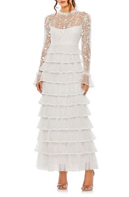 Ieena for Mac Duggal Embroidered Long Sleeve Ruffle Cocktail Dress in Pearl