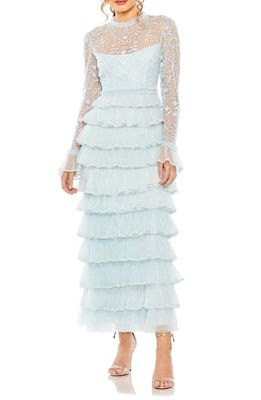 Ieena for Mac Duggal Embroidered Long Sleeve Ruffle Cocktail Dress in Seafoam