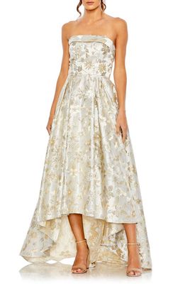 Ieena for Mac Duggal Embroidered Strapless High-Low Evening Gown in White Gold
