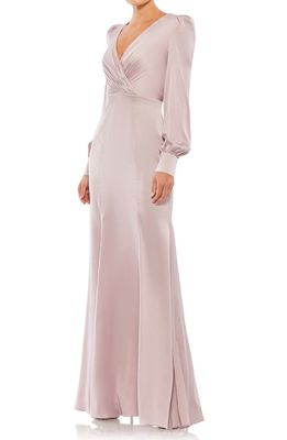 Ieena for Mac Duggal Empire Long Sleeve Satin Trumpet Gown in Rose Pink 