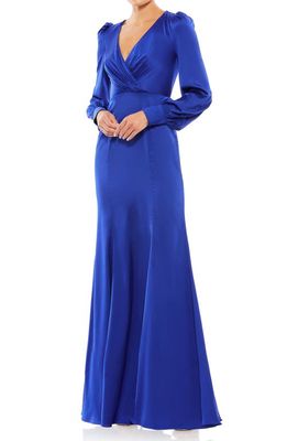 Ieena for Mac Duggal Empire Long Sleeve Satin Trumpet Gown in Royal 