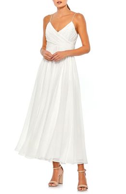 Ieena for Mac Duggal Faux Wrap Midi Cocktail Dress in White