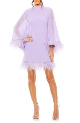 Ieena for Mac Duggal Feather Trim Long Sleeve Minidress in Lilac