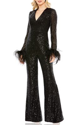 Ieena for Mac Duggal Feather Trim Long Sleeve Sequin Jumpsuit in Black