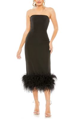Ieena for Mac Duggal Feather Trim Strapless Column Midi Dress in Black