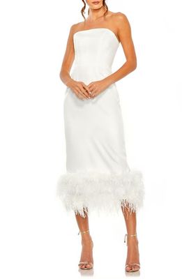 Ieena for Mac Duggal Feather Trim Strapless Column Midi Dress in White