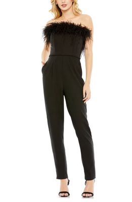Ieena for Mac Duggal Feather Trim Strapless Jumpsuit in Black