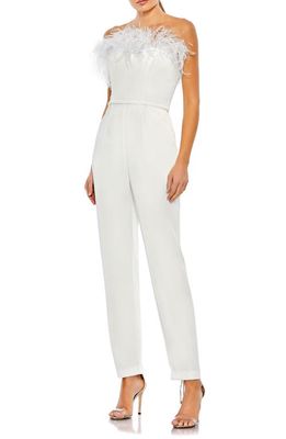 Ieena for Mac Duggal Feather Trim Strapless Jumpsuit in White