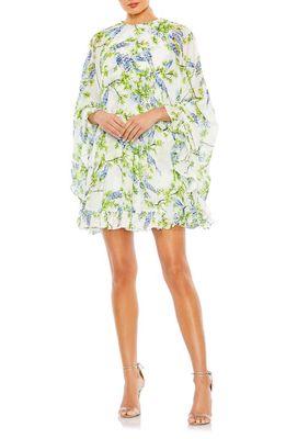 Ieena for Mac Duggal Floral Cape Sleeve Chiffon Trapeze Dress in White Multi