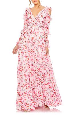 Ieena for Mac Duggal Floral Cold Shoulder Long Sleeve A-Line Gown in White Multi
