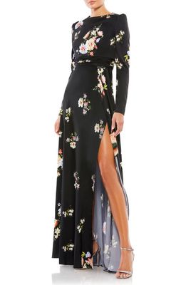 Ieena for Mac Duggal Floral Empire Waist Long Sleeve Dress in Black Multi