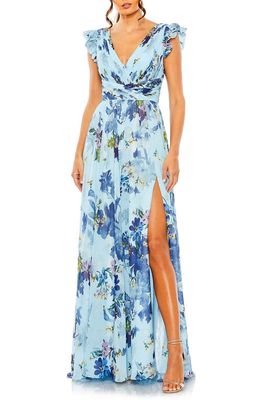 Ieena for Mac Duggal Floral Flutter Sleeve Chiffon Gown in Blue Multi