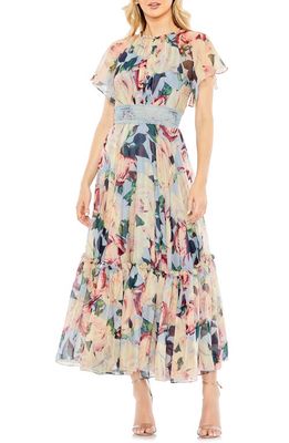 Ieena for Mac Duggal Floral Flutter Sleeve Dress in Blue Multi