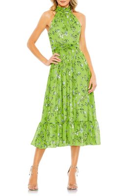 Ieena for Mac Duggal Floral Halter Neck A-Line Midi Dress in Sage Multi