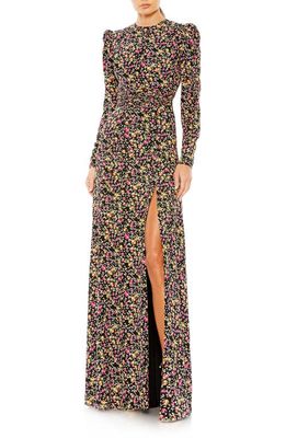 Ieena for Mac Duggal Floral Long Sleeve A-Line Gown in Black Multi