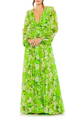 Ieena for Mac Duggal Floral Long Sleeve Chiffon A-Line Gown in Green Multi