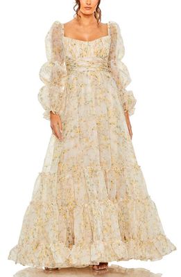 Ieena for Mac Duggal Floral Long Sleeve Chiffon A-Line Gown in White Multi