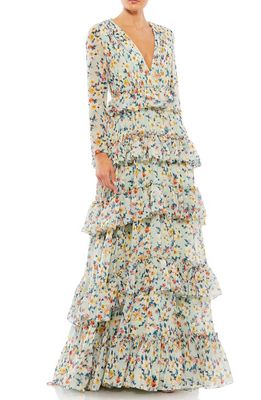 Ieena for Mac Duggal Floral Long Sleeve Tiered Gown in Multi