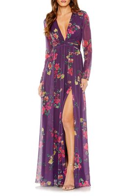 Ieena for Mac Duggal Floral Plunge Neck Long Sleeve Gown in Purple Multi