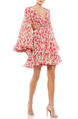 Ieena for Mac Duggal Floral Print Bell Sleeve Dress in Pink Multi