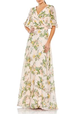 Ieena for Mac Duggal Floral Print Chiffon A-Line Gown in Peach Multi