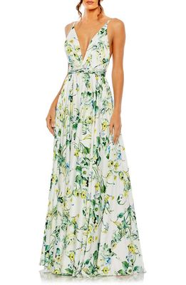 Ieena for Mac Duggal Floral Print Sleeveless A-Line Gown in White Multi