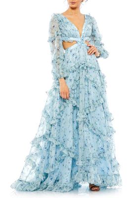 Ieena for Mac Duggal Floral Ruffle Cutout Detail Long Sleeve Gown in Powder Blue