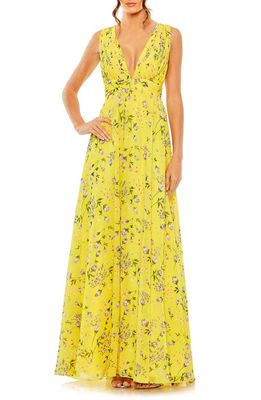 Ieena for Mac Duggal Floral Sleeveless Gown in Yellow Multi