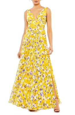 Ieena for Mac Duggal Floral V-Neck A-Line Gown in Yellow Multi