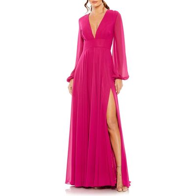 Ieena for Mac Duggal Long Sleeve Chiffon Gown in Berry 