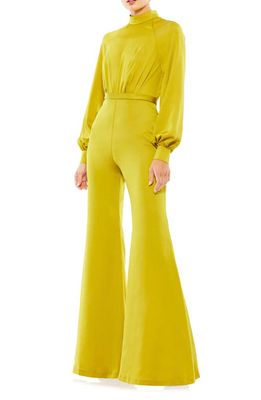 Ieena for Mac Duggal Long Sleeve Flare Leg Satin Jumpsuit in Chartreuse