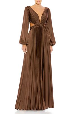 Ieena for Mac Duggal Long Sleeve Pleated Cut-Out Gown in Espresso