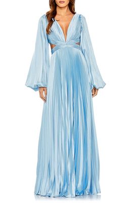 Ieena for Mac Duggal Long Sleeve Pleated Cut-Out Gown in Powder Blue