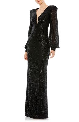 Ieena for Mac Duggal Long Sleeve Plunge Neck Sequin Gown in Black
