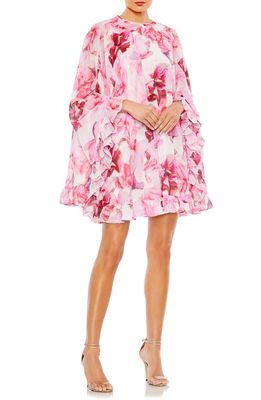 Ieena for Mac Duggal Marbleized Floral Long Sleeve Cape Minidress in Pink Multi