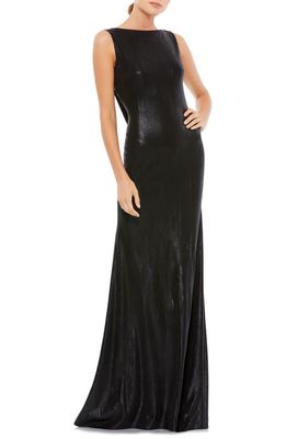 Ieena for Mac Duggal Metallic Bateau Neck Column Gown in Black 