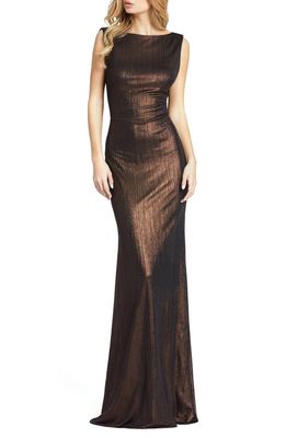 Ieena for Mac Duggal Metallic Bateau Neck Column Gown in Espresso