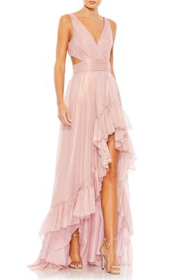 Ieena for Mac Duggal Metallic Cascade Detail A-Line Gown in Rose Gold