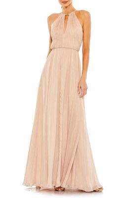 Ieena for Mac Duggal Metallic Chain Trim Gown in Beige