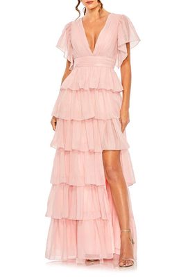 Ieena for Mac Duggal Metallic Flutter Sleeve Ruffle Tiered Gown in Petal Pink