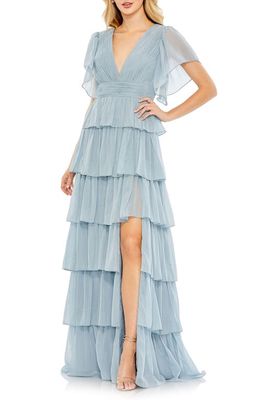 Ieena for Mac Duggal Metallic Flutter Sleeve Ruffle Tiered Gown in Slate Blue